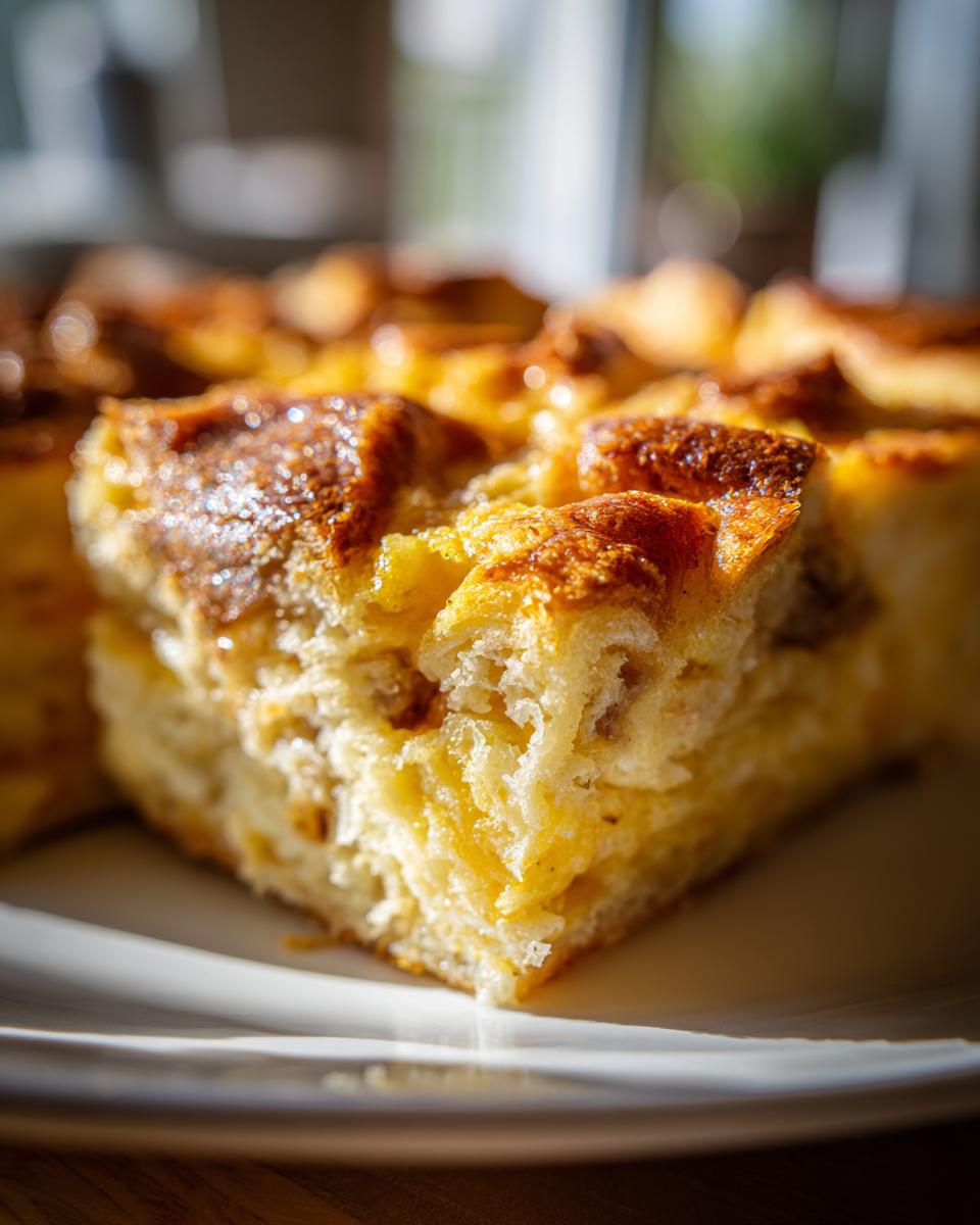 Close-up of a golden brown slice of breakfast casserole with a fluffy interior and a slightly crisp top.