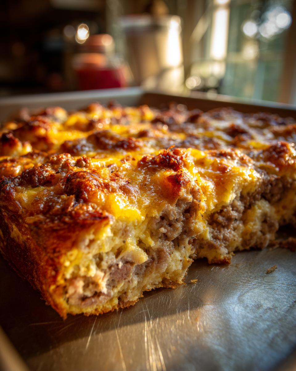 Close-up of a hearty breakfast casserole with layers of sausage, bread, and melted golden cheese.
