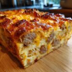A close-up of a slice of breakfast casserole featuring sausage, melted cheese, and a golden-brown crust.