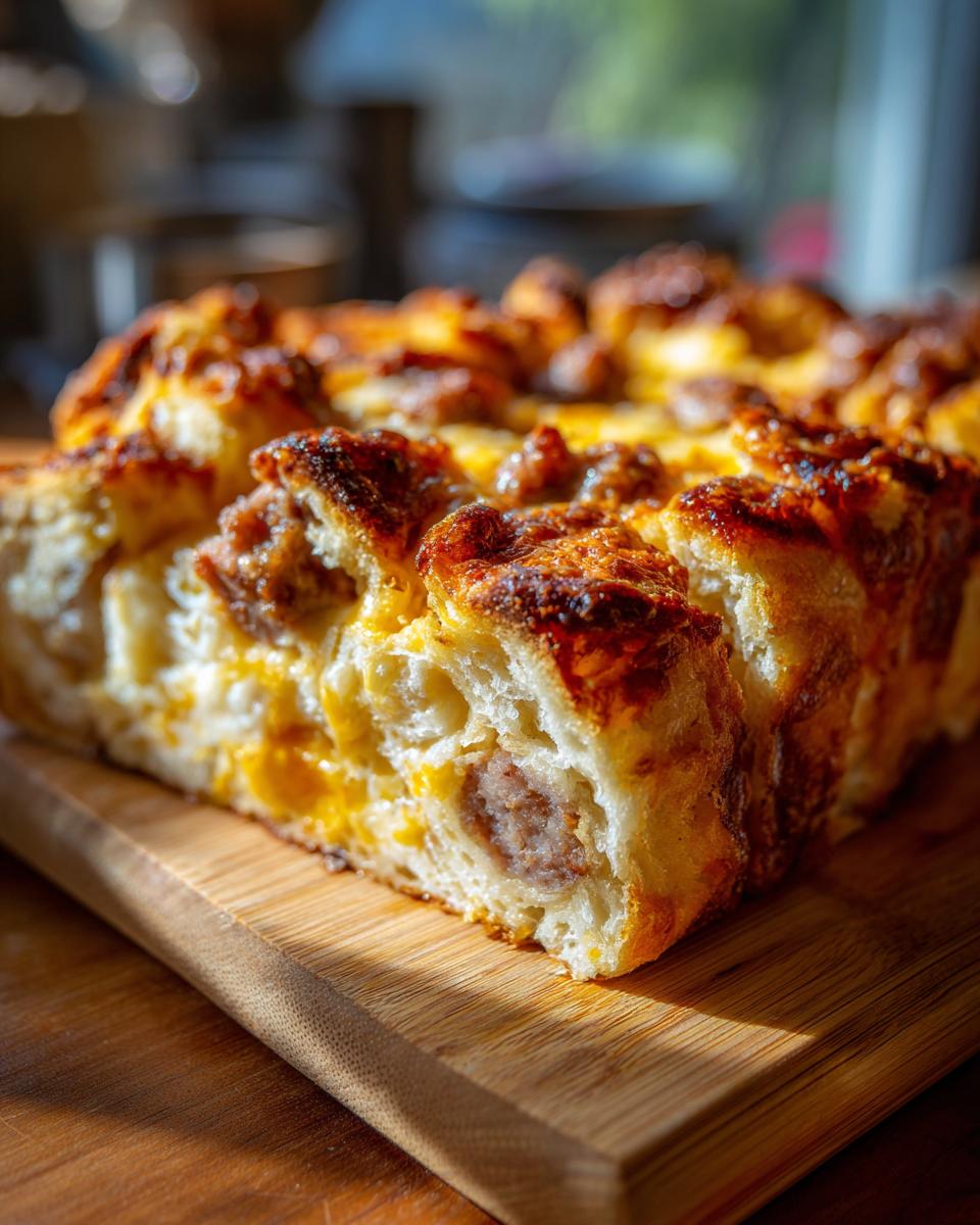 A close-up of a slice of savory breakfast casserole, featuring layers of bread, sausage, and melted cheese.