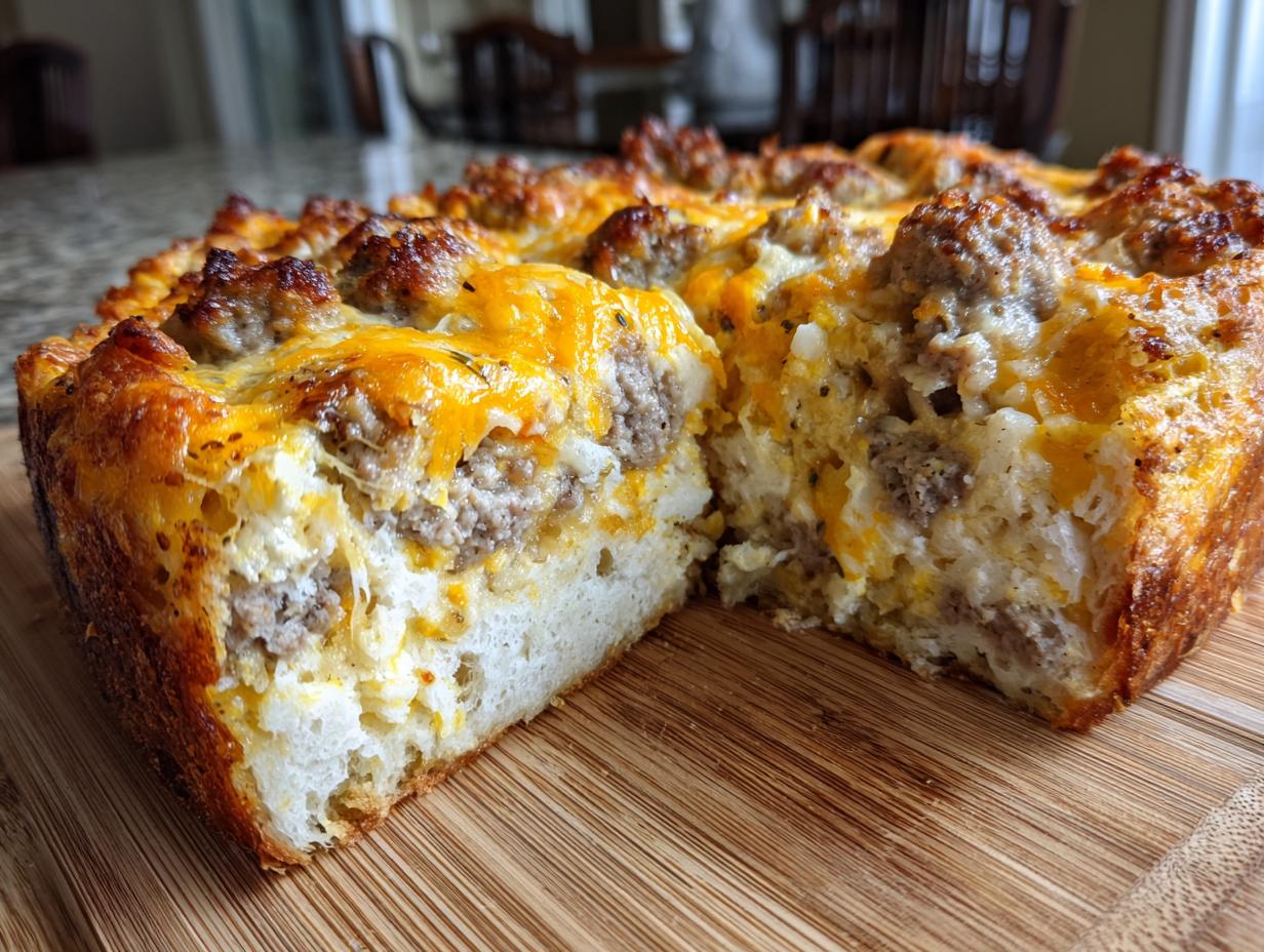 A hearty slice of breakfast casserole loaded with sausage, cheese, and bread on a wooden cutting board.