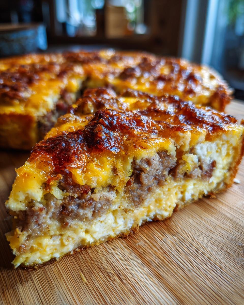 A close-up of a slice of hearty breakfast casserole with layers of sausage and melted cheese.