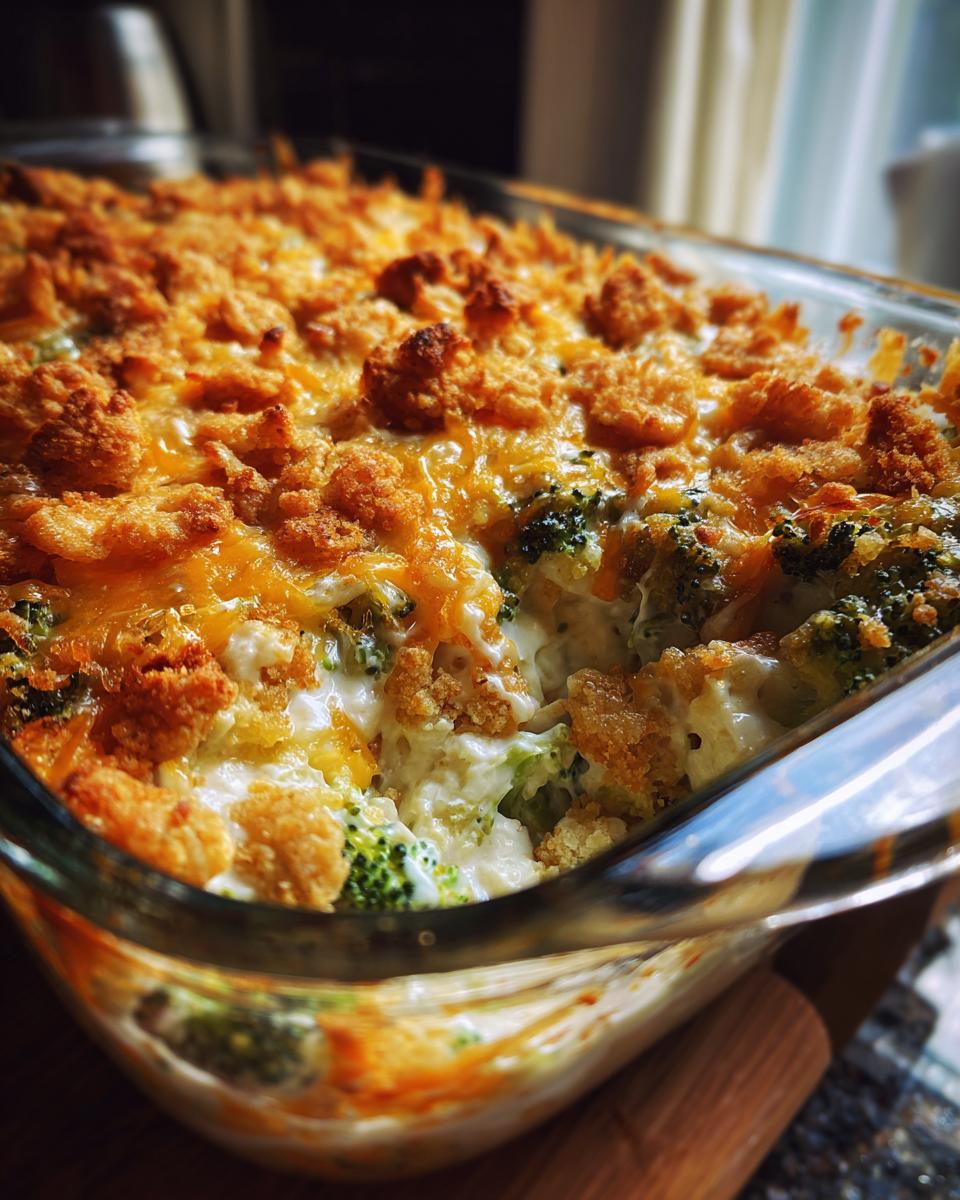 A close-up of a bubbling, cheesy broccoli casserole with a golden breadcrumb topping in a glass baking dish.