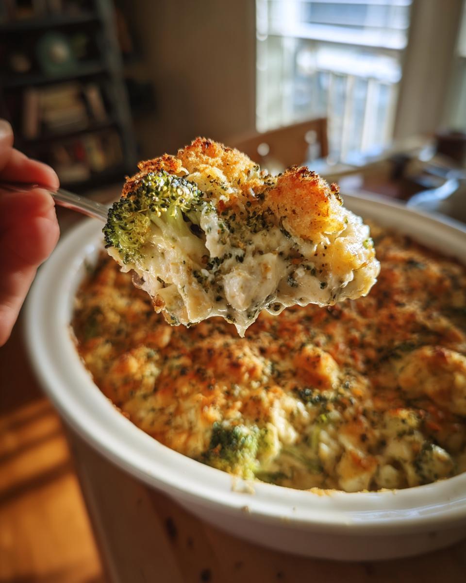 A fork lifts a cheesy bite of delicious broccoli casserole, showing creamy sauce and breadcrumb topping.