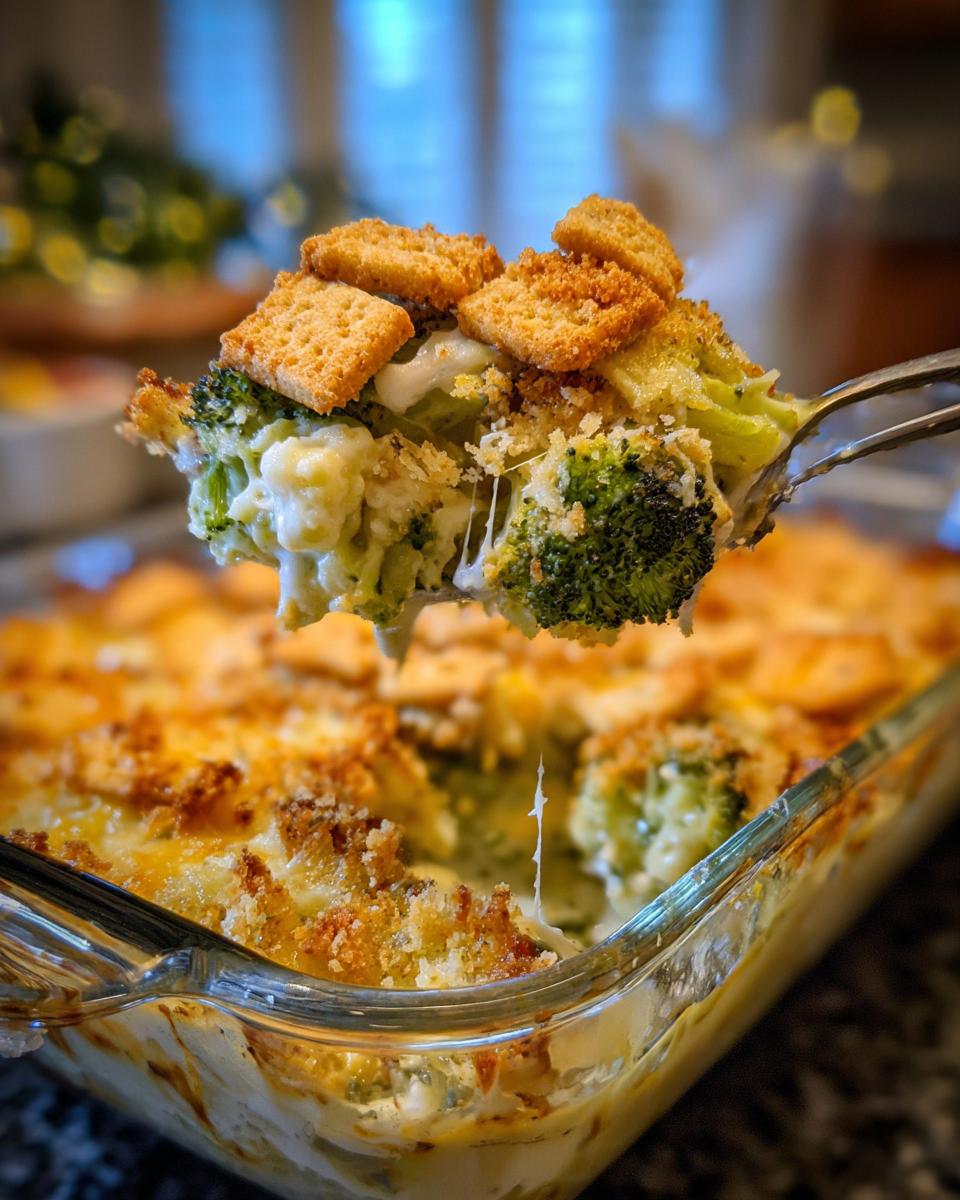 A serving spoon lifts a cheesy portion of broccoli casserole, topped with croutons, from a baking dish.