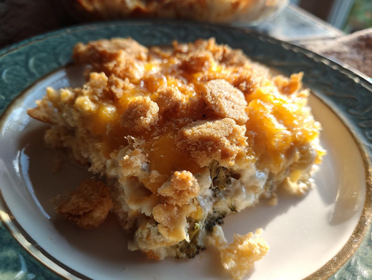 A close-up of a delicious slice of cheesy broccoli casserole with a crunchy topping.