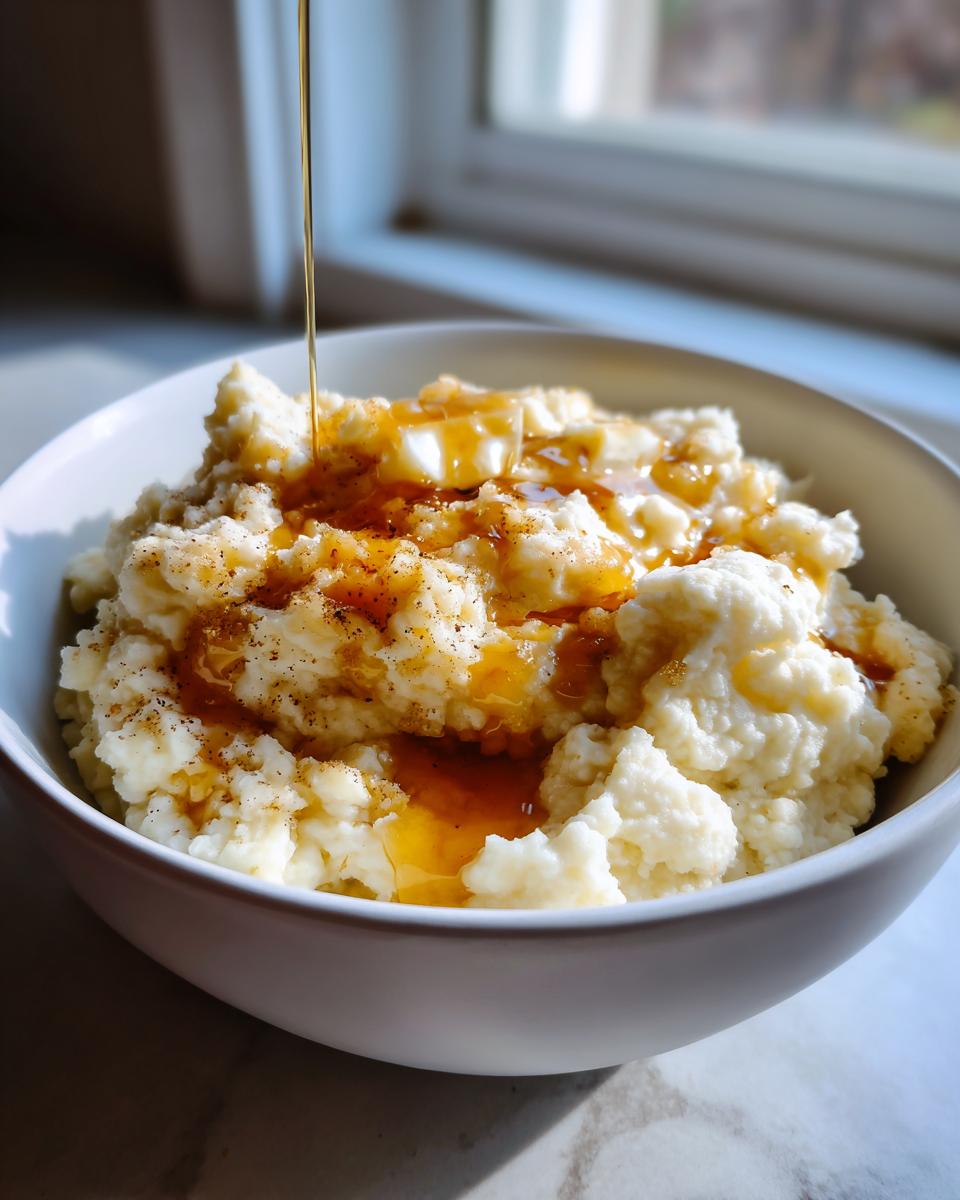 A bowl of fluffy brown butter mashed potatoes being drizzled with golden syrup.