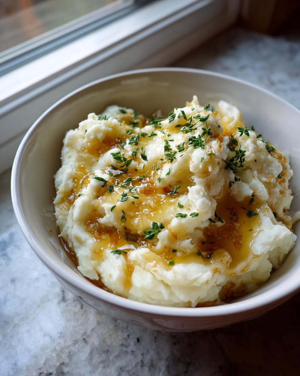 A bowl of fluffy brown butter mashed potatoes topped with fresh herbs and a drizzle of brown butter sauce.