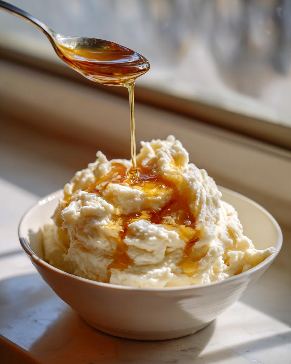 A spoon drizzling golden honey over a bowl of fluffy brown butter mashed potatoes.