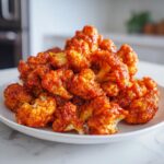 A pile of glossy, saucy Buffalo Cauliflower Bites on a white plate, ready to be enjoyed.
