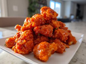 A large pile of crispy Buffalo Cauliflower Bites coated in a vibrant orange sauce on a white plate.