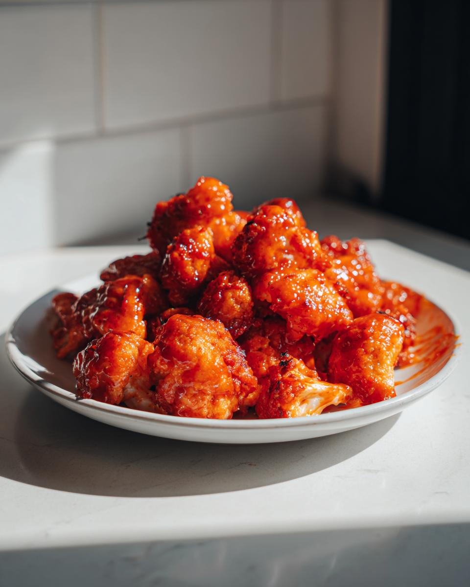 A plate full of glistening Buffalo Cauliflower Bites coated in a vibrant orange sauce.