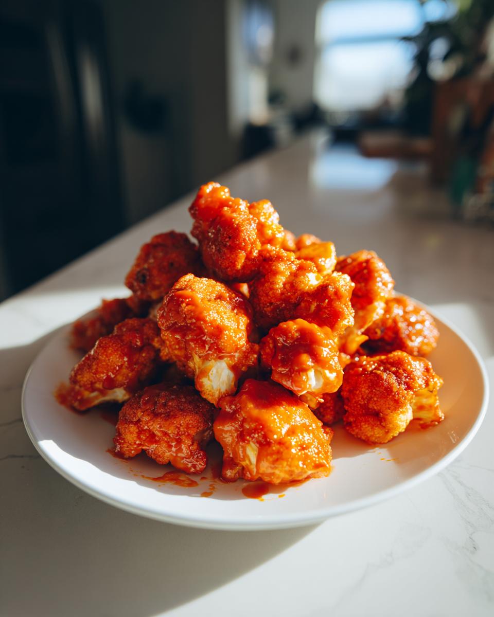 A plate piled high with glistening Buffalo Cauliflower Bites, coated in a vibrant orange sauce.
