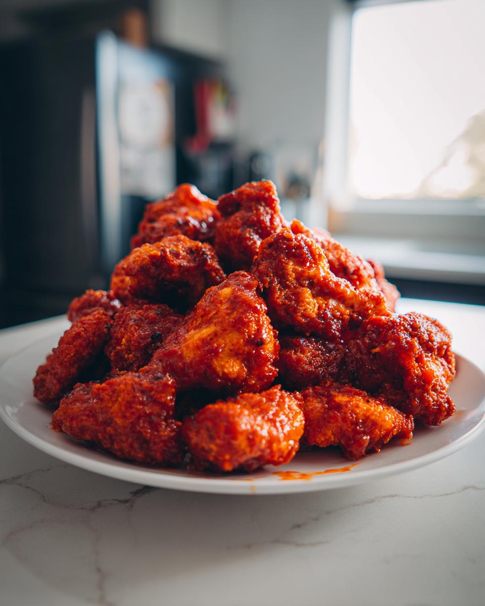 A close-up shot of a pile of crispy Buffalo Cauliflower Bites coated in a vibrant red sauce, served on a white plate.