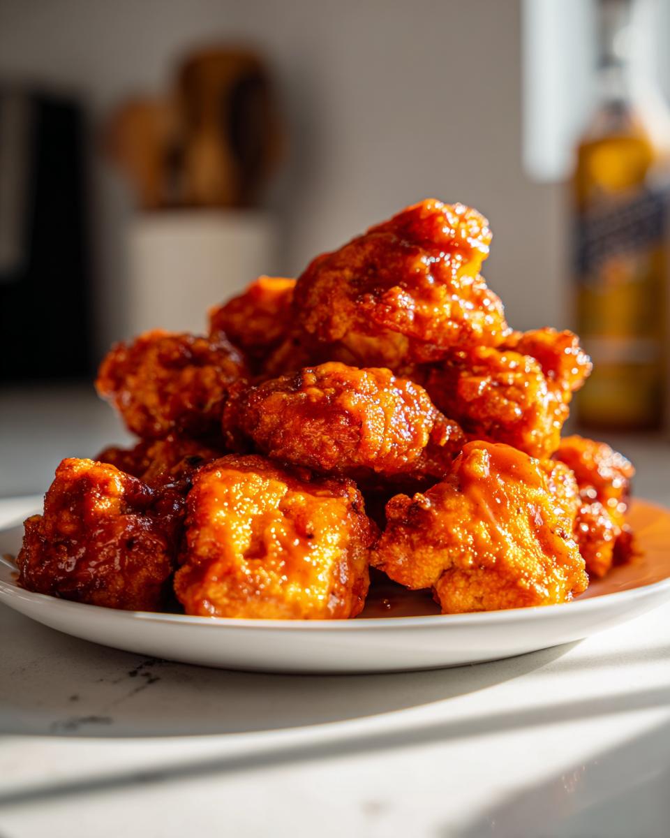 A close-up shot of a stack of glistening Buffalo Cauliflower Bites on a white plate.