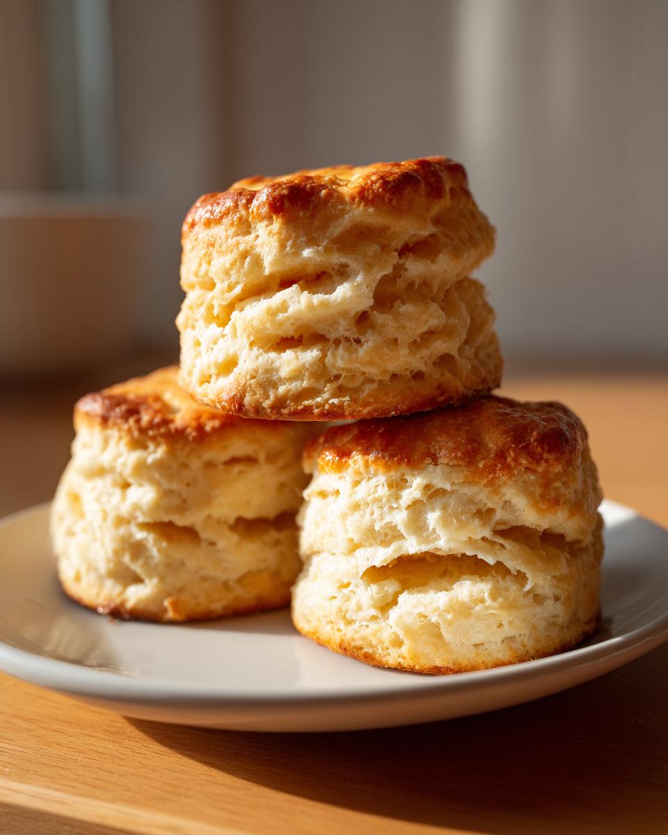 A stack of three golden-brown, flaky buttermilk biscuits on a white plate, showcasing their layered texture.