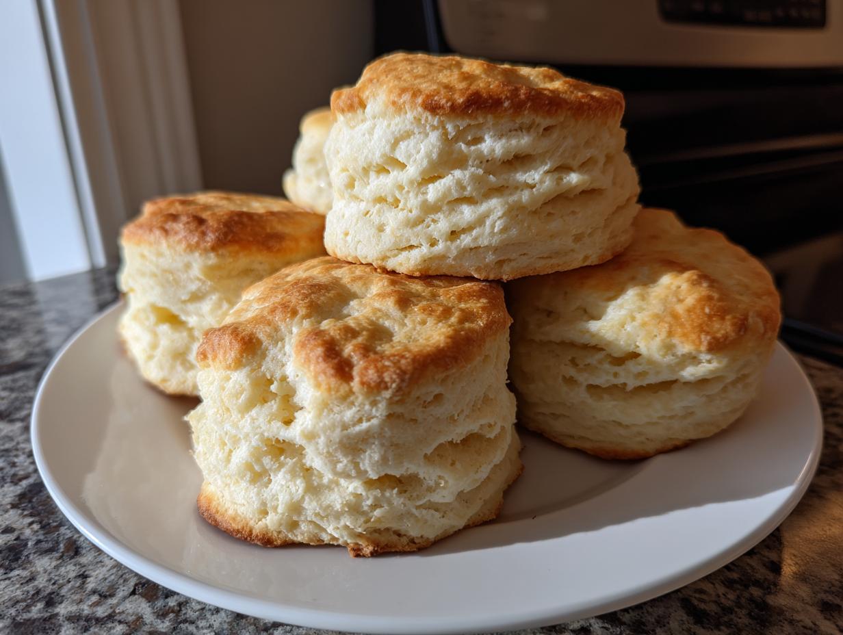 A stack of golden-brown, flaky buttermilk biscuits on a white plate, showcasing their layered texture.