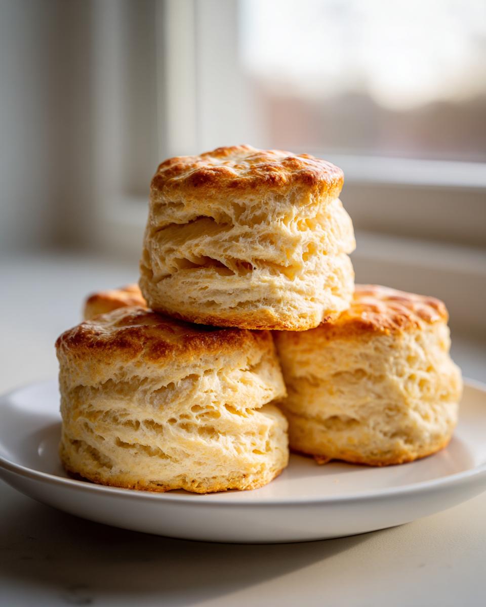 A stack of three golden-brown Buttermilk Biscuits on a white plate, showcasing their flaky layers.