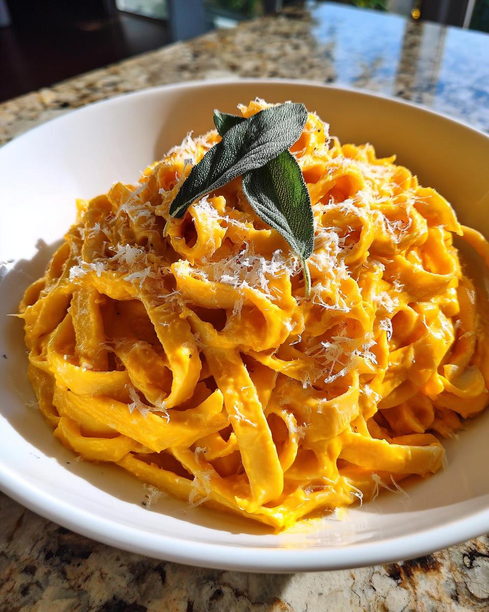 Close-up of a bowl of creamy butternut squash pasta, topped with grated cheese and fresh sage leaves.