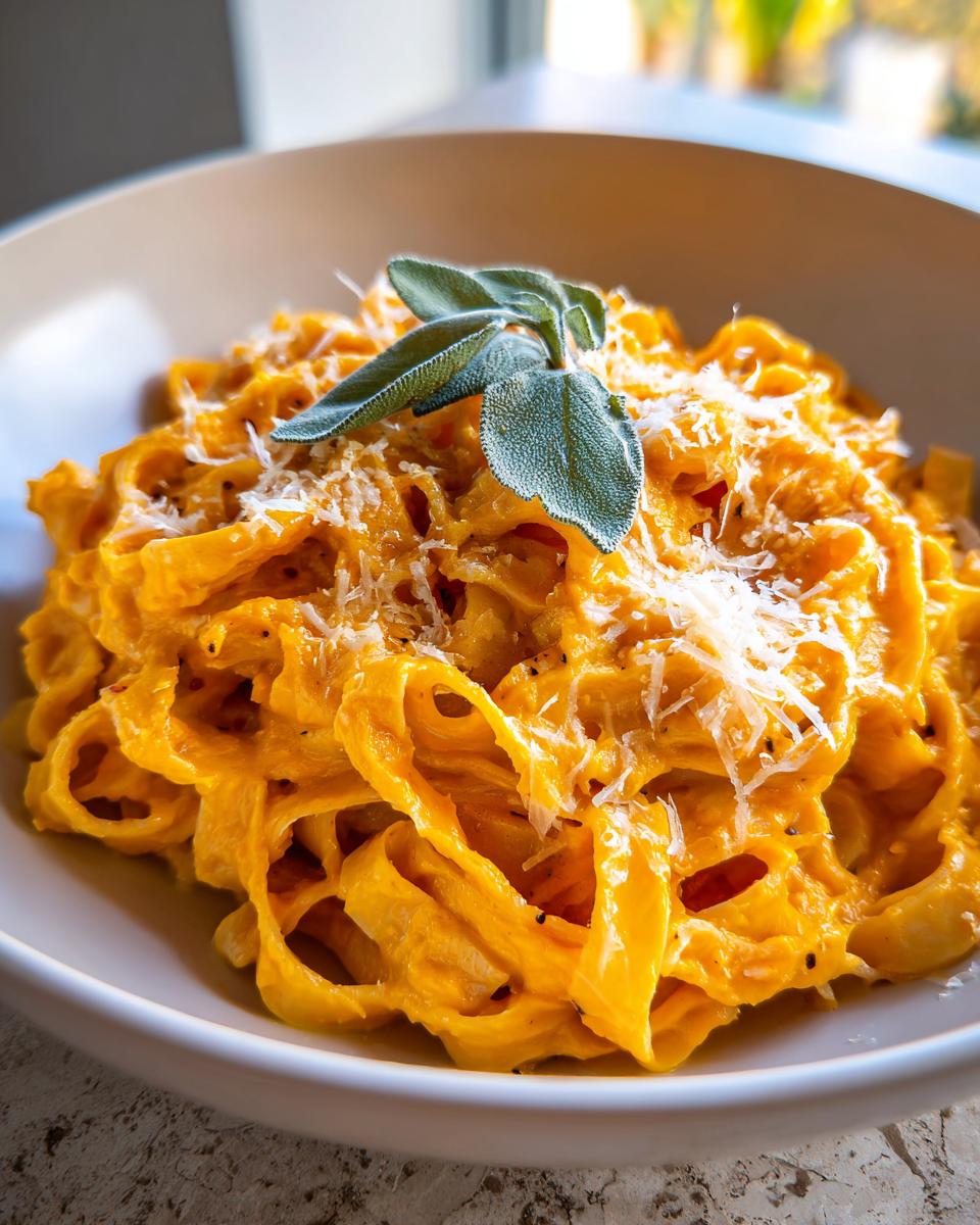 A close-up of creamy butternut squash pasta topped with grated Parmesan cheese and fresh sage leaves.