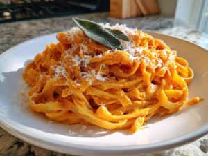 A close-up of creamy butternut squash pasta topped with grated cheese and fresh sage leaves.