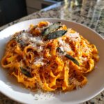 A close-up of a white bowl filled with creamy butternut squash pasta, topped with grated cheese and fried sage leaves.