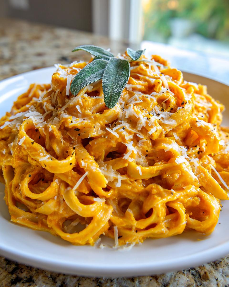 A close-up of creamy butternut squash pasta, topped with grated cheese and fresh sage leaves.
