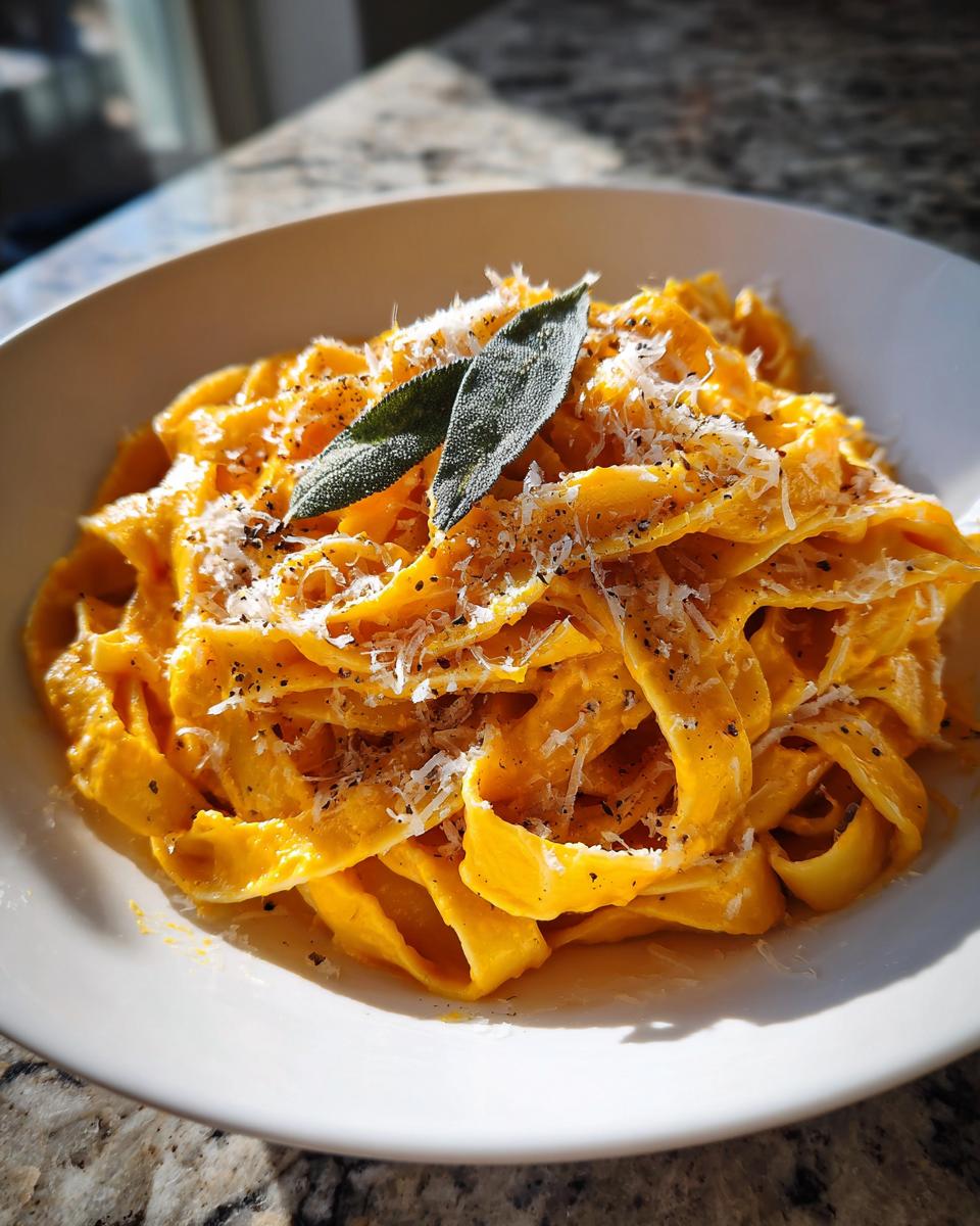 A close-up of creamy Butternut Squash Pasta topped with fresh sage leaves and grated Parmesan cheese.
