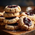 A stack of buttery thumbprint cookies filled with dark jam, dusted with sugar.