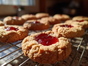 Close-up of buttery thumbprint cookies filled with bright red jam on a cooling rack.