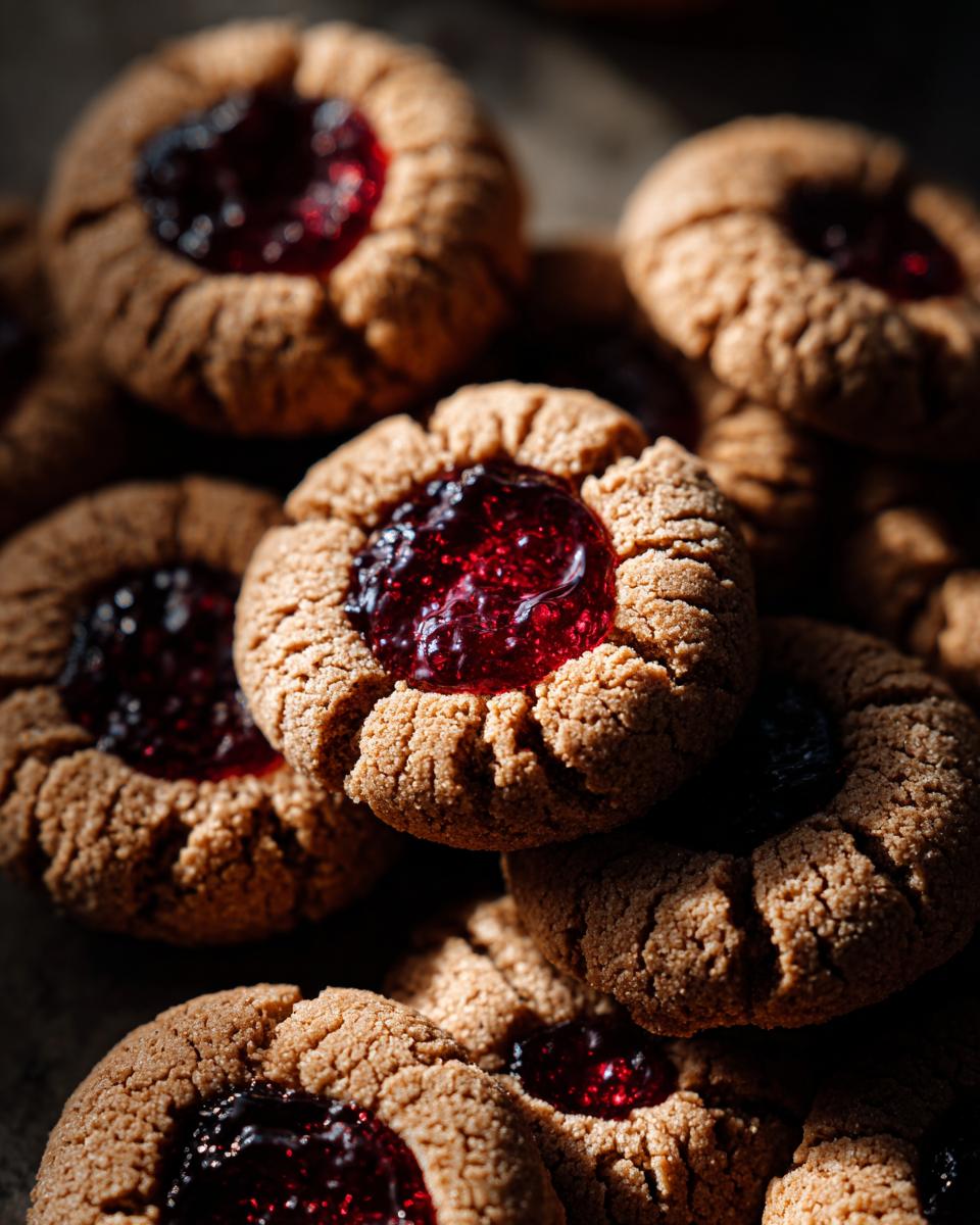 A close-up shot of several buttery thumbprint cookies filled with glistening red jam.