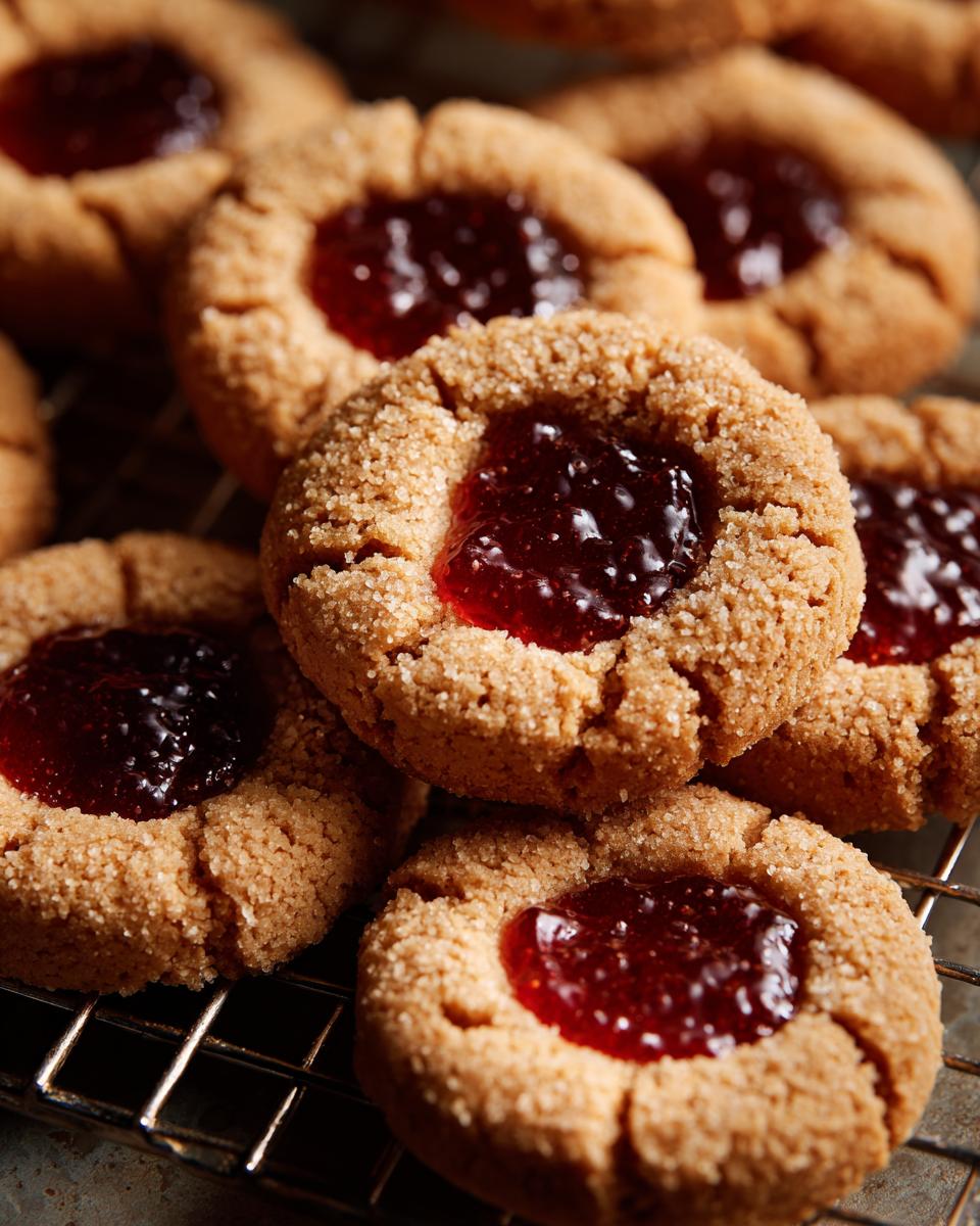 Close-up of several buttery thumbprint cookies filled with glistening red jam, arranged on a cooling rack.