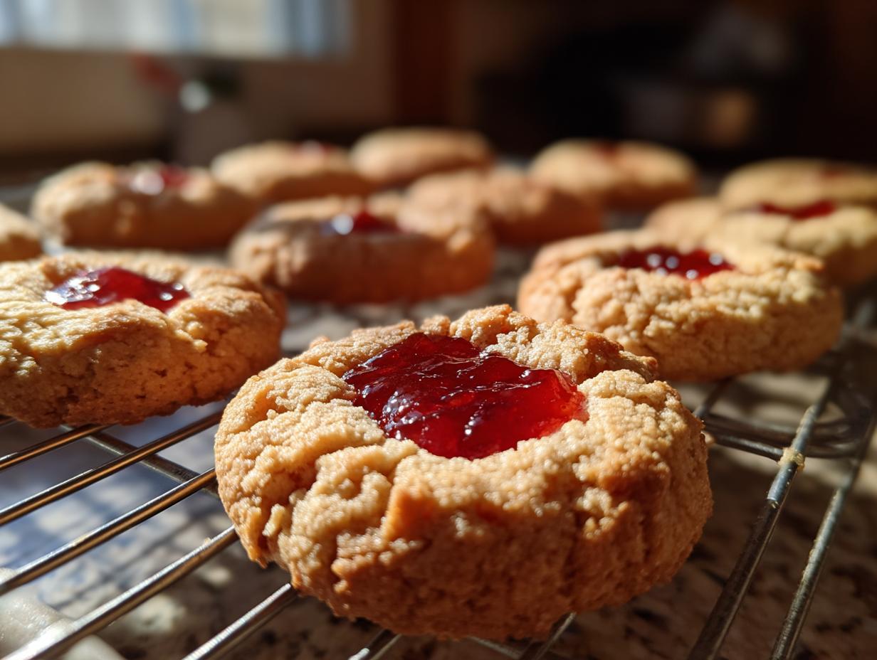 Close-up of buttery thumbprint cookies filled with bright red jam on a cooling rack.