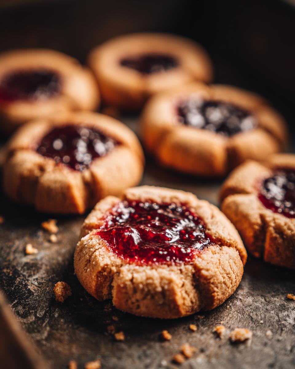 Close-up of several buttery thumbprint cookies filled with glistening raspberry jam on a dark surface.