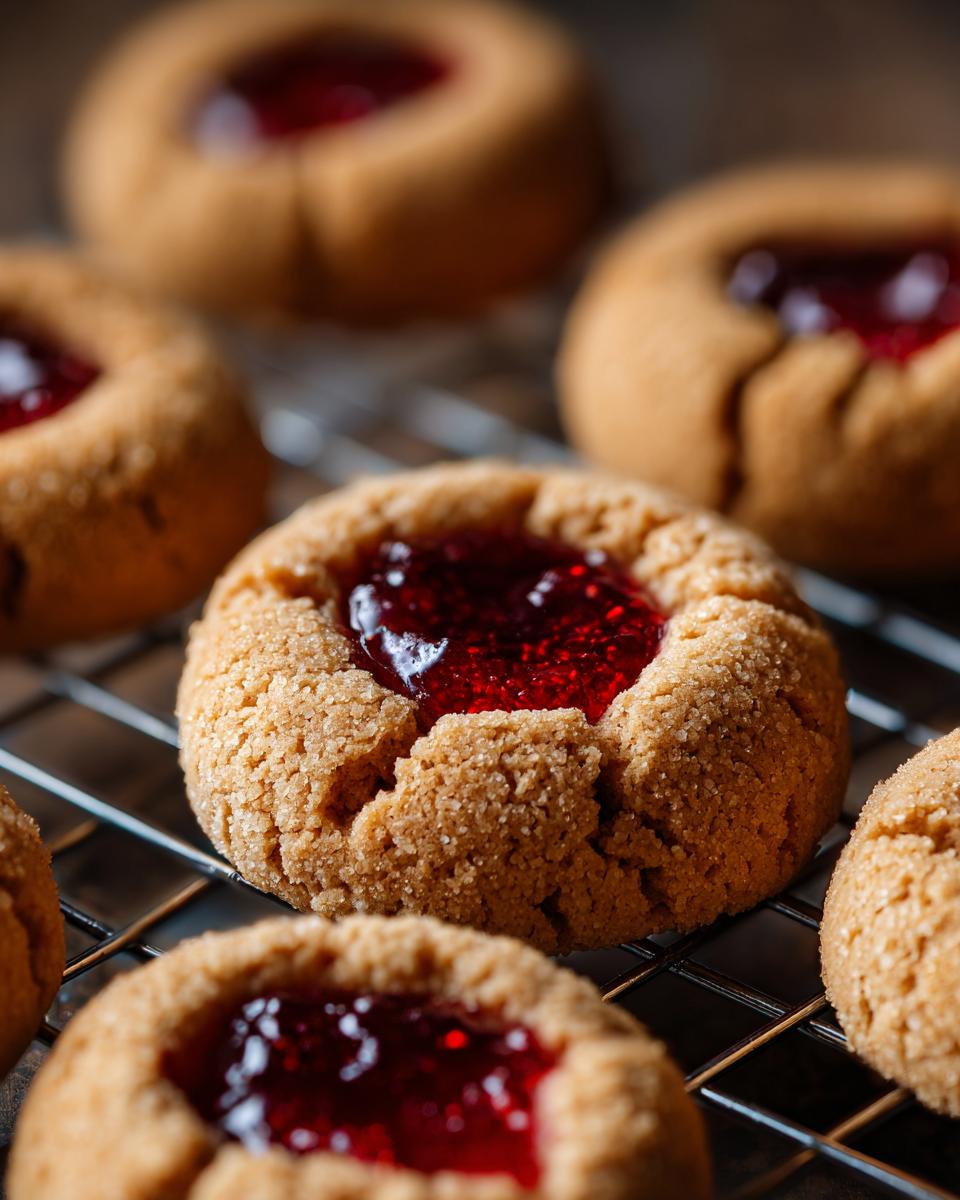 Close-up of buttery thumbprint cookies filled with glistening raspberry jam, cooling on a wire rack.