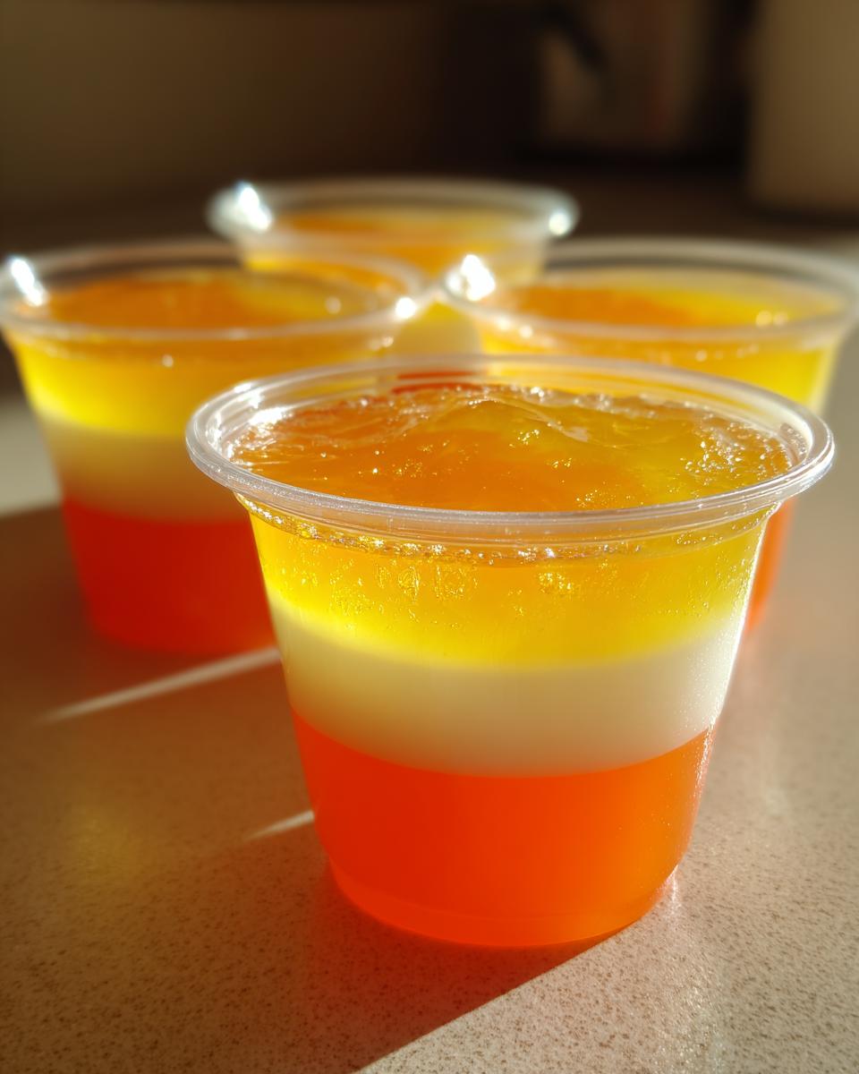 Close-up of Candy Corn Jello Shots layered in clear plastic cups, showing orange, white, and yellow colors.