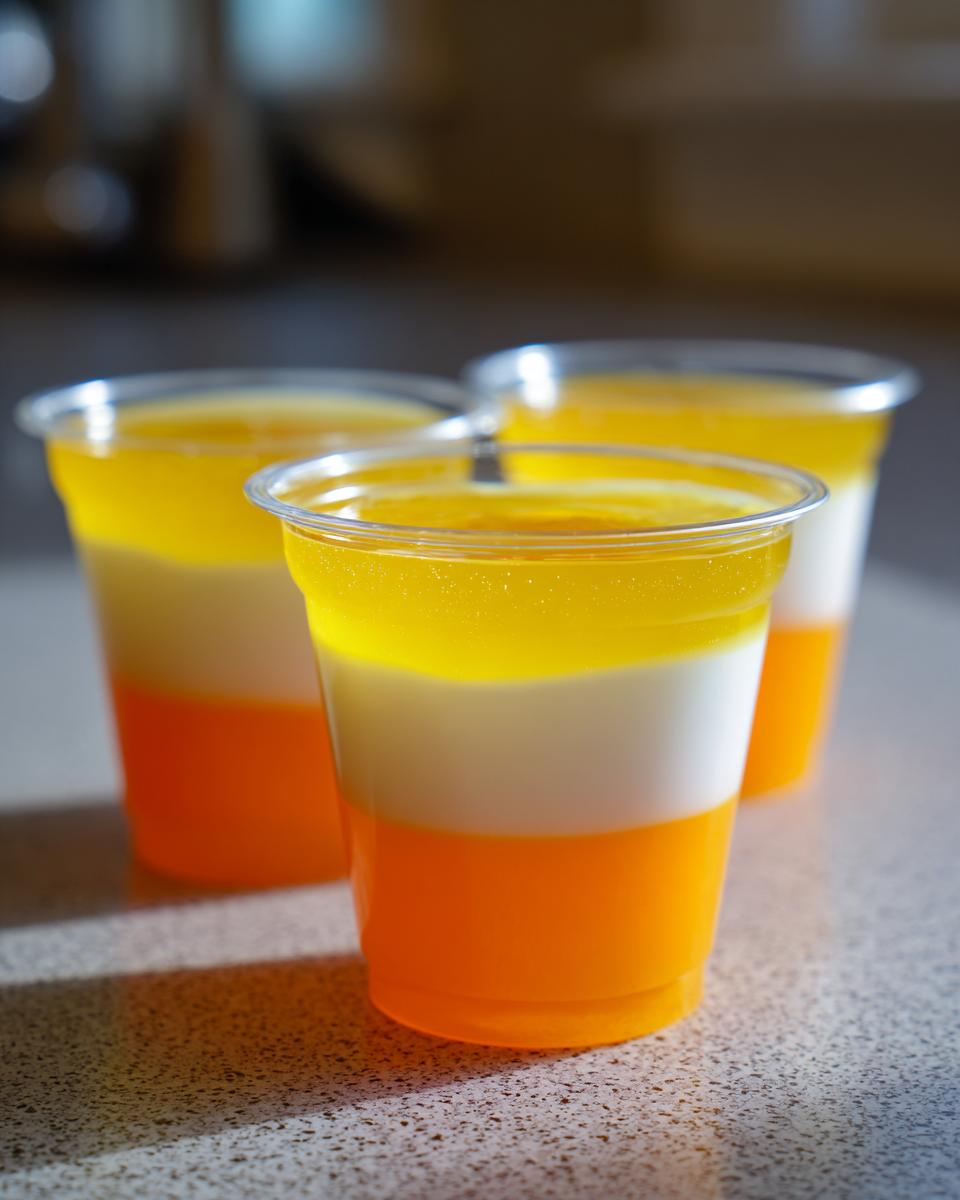 Three layered Candy Corn Jello Shots in clear plastic cups, featuring orange, white, and yellow jello.