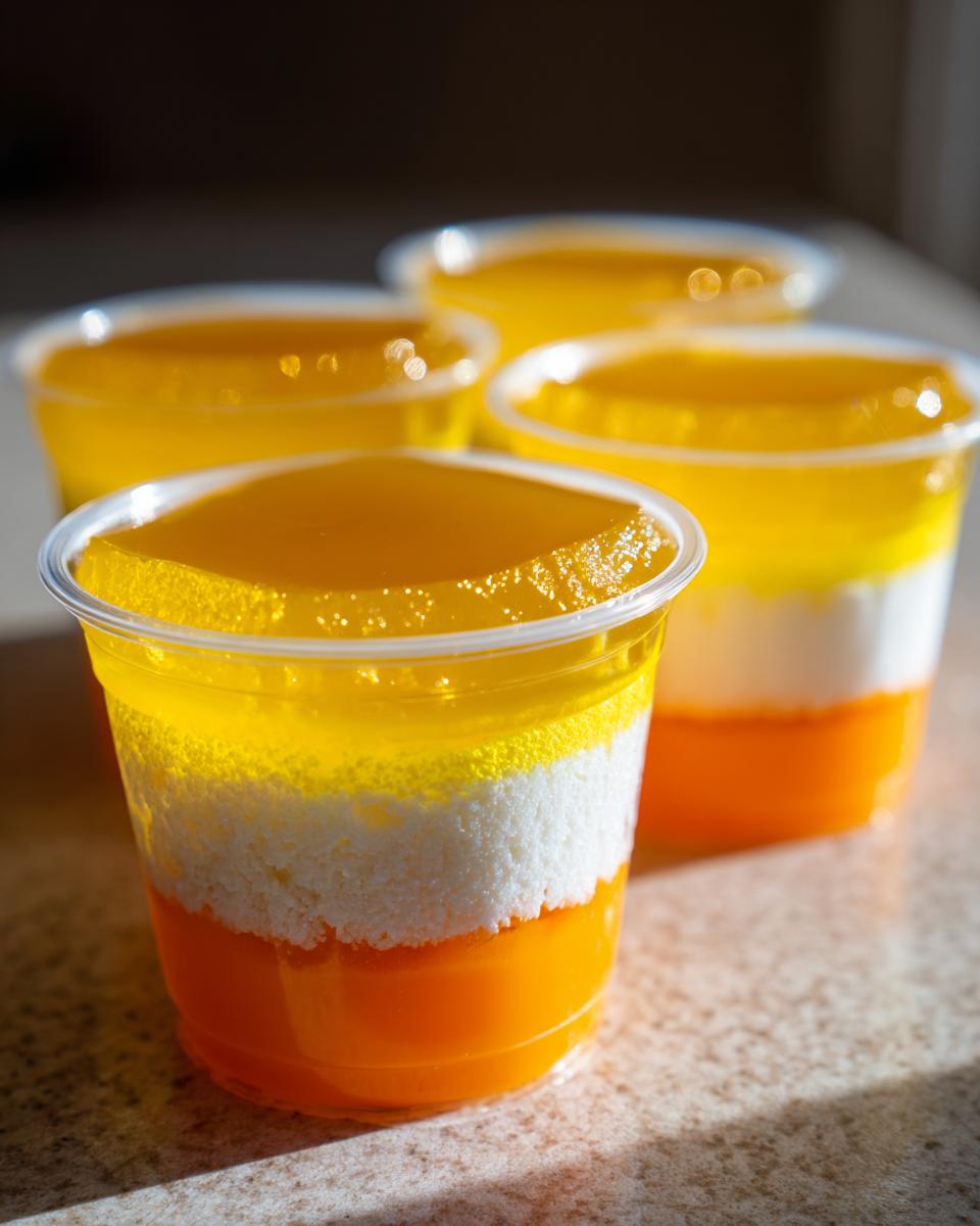 Close-up of layered Candy Corn Jello Shots in clear plastic cups, featuring orange, white, and yellow jello.