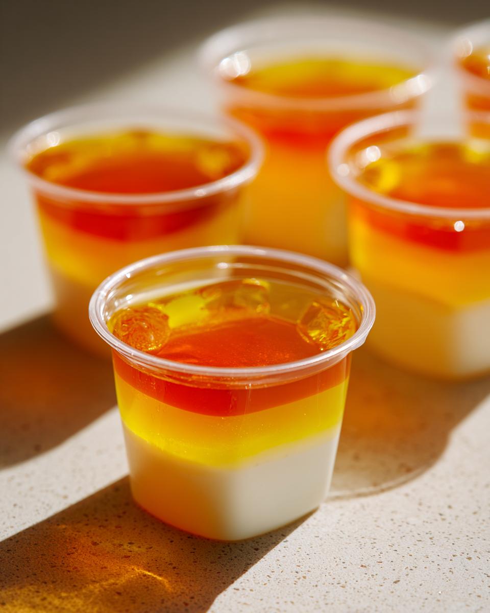 Close-up of layered Candy Corn Jello Shots in clear plastic cups, featuring white, yellow, and orange layers.
