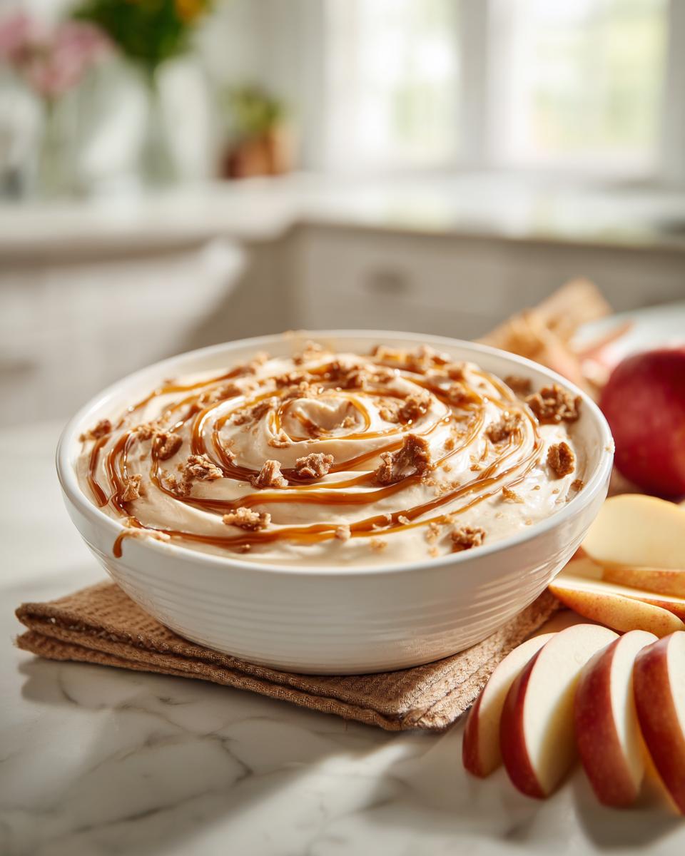 A bowl of creamy Caramel Apple Dip drizzled with caramel sauce and sprinkled with cookie crumbles, served with apple slices.