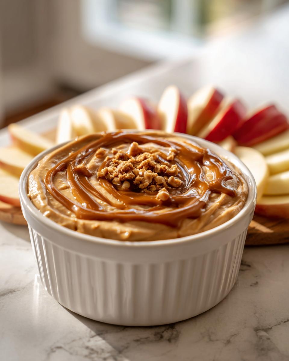 A close-up of a white ramekin filled with creamy Caramel Apple Dip, drizzled with caramel sauce and topped with crushed nuts.