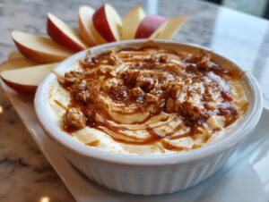 A close-up of creamy Caramel Apple Dip topped with caramel drizzle and chopped nuts, served with apple slices.
