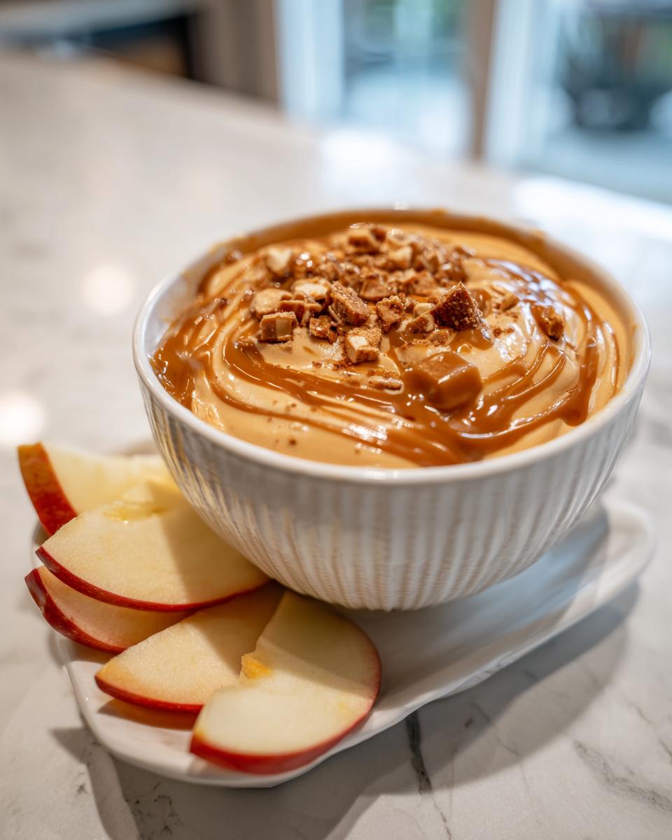 A bowl of creamy Caramel Apple Dip drizzled with caramel sauce and sprinkled with chopped nuts, served with apple slices.