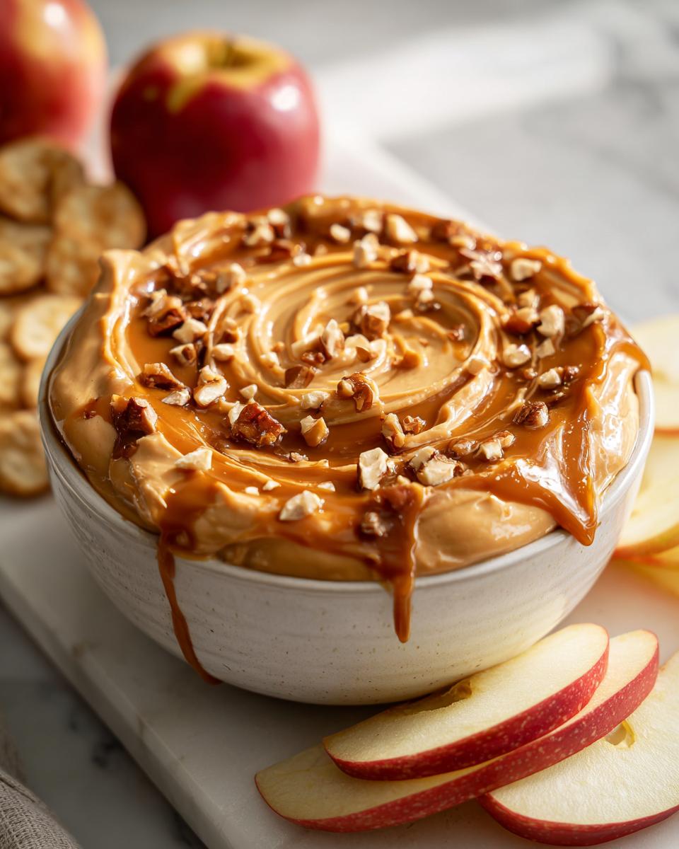 A close-up of a creamy Caramel Apple Dip topped with chopped nuts and drizzled caramel.
