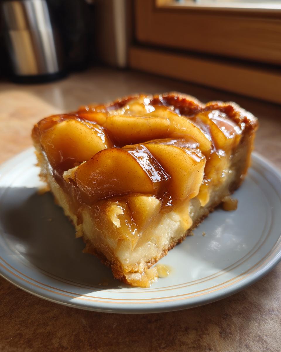 A generous slice of Caramel Apple Tarte Tatin, showcasing tender baked apples coated in glossy caramel on a flaky crust.