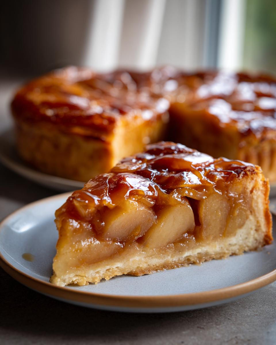 A delicious slice of Caramel Apple Tarte Tatin, showcasing tender baked apples and glistening caramel.