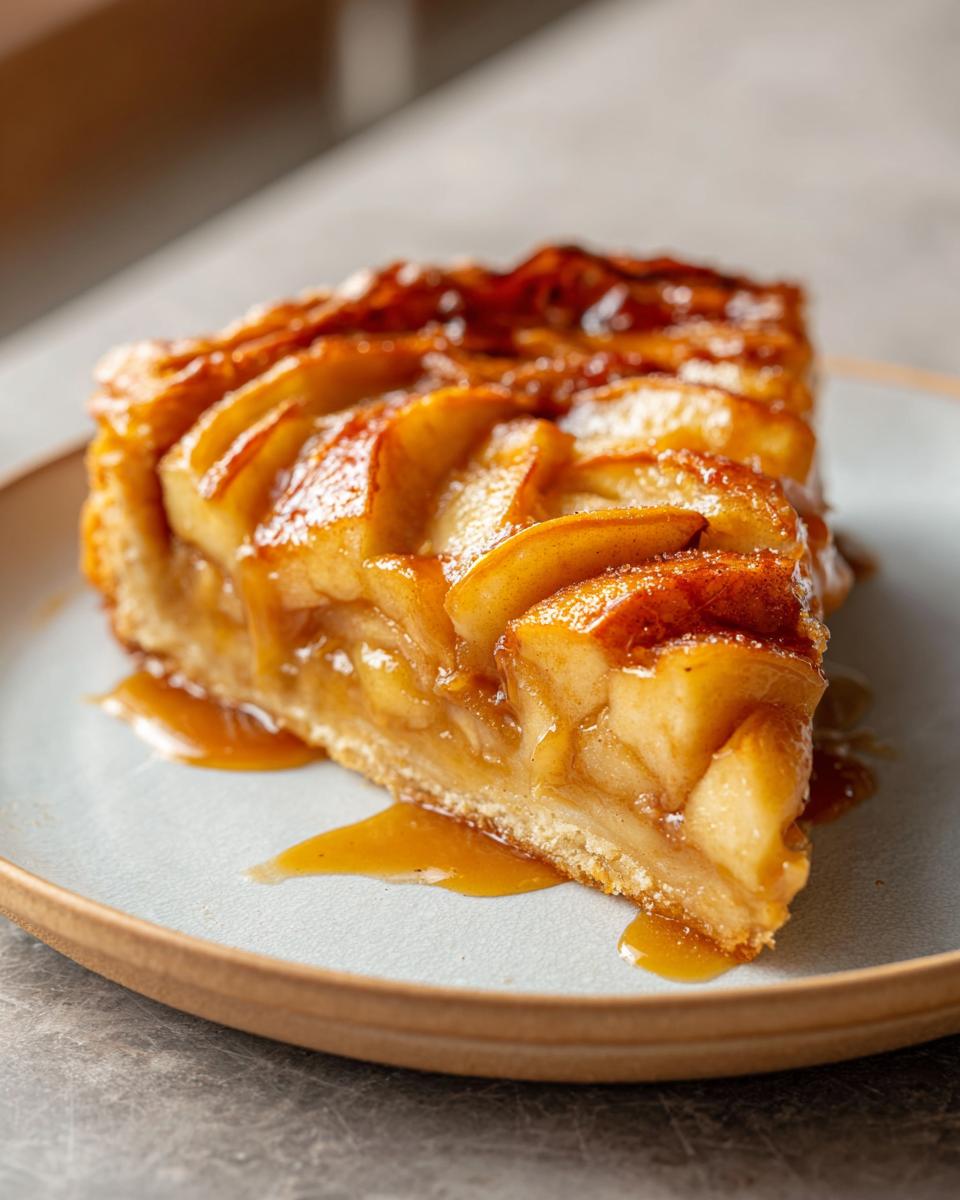 A close-up of a slice of Caramel Apple Tarte Tatin, showcasing tender baked apples and glistening caramel.