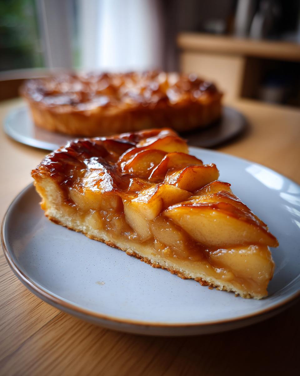 A slice of delicious Caramel Apple Tarte Tatin on a plate, showcasing tender apple slices coated in glossy caramel.