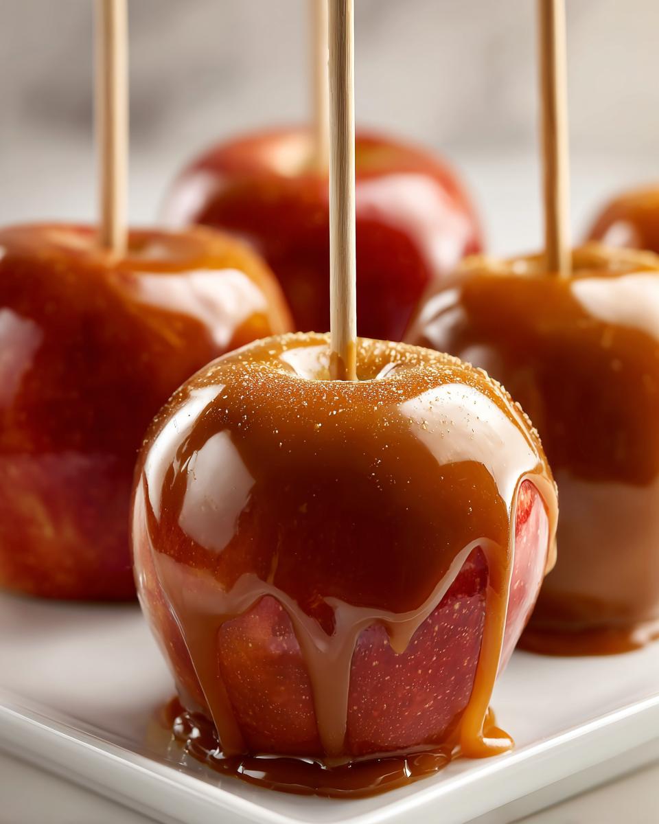 Close-up of several glossy Caramel Apples on a white plate, with rich caramel dripping down the sides.