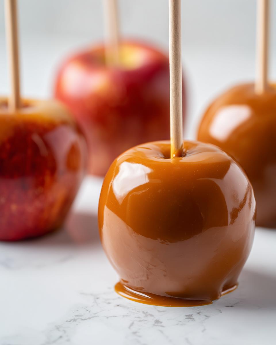 Close-up of shiny, golden caramel apples on wooden sticks, with a few red apples in the background.